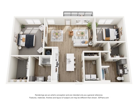 Floor plan for 2 beds, 2 baths, 1377 sqft